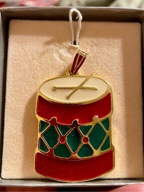 Vintage Wallace Silversmiths Gold-Tone Enamel Drum Pendant in Red, Green, Cream